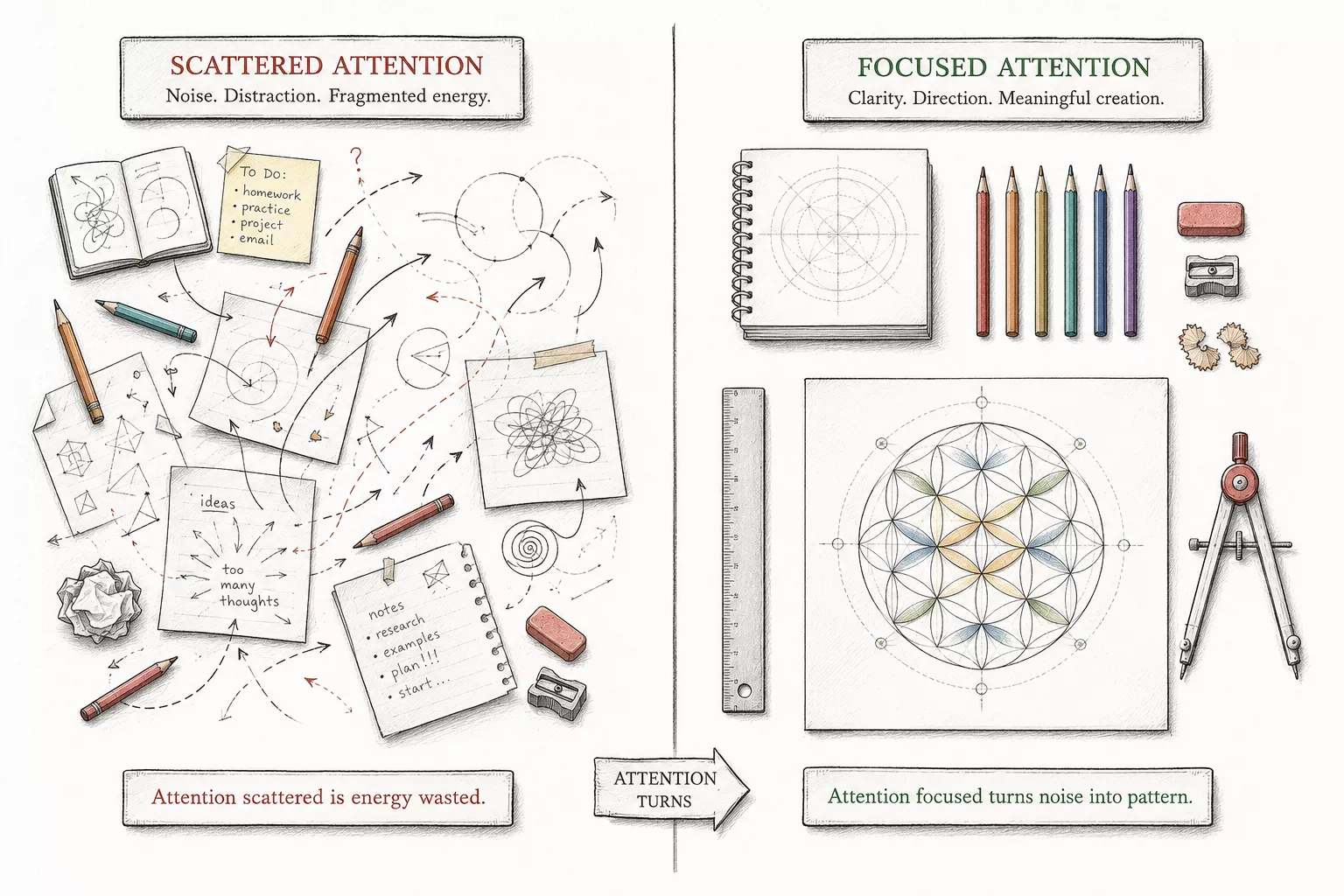 A sketchbook-style illustration showing scattered ideas becoming focused attention and then a finished creation