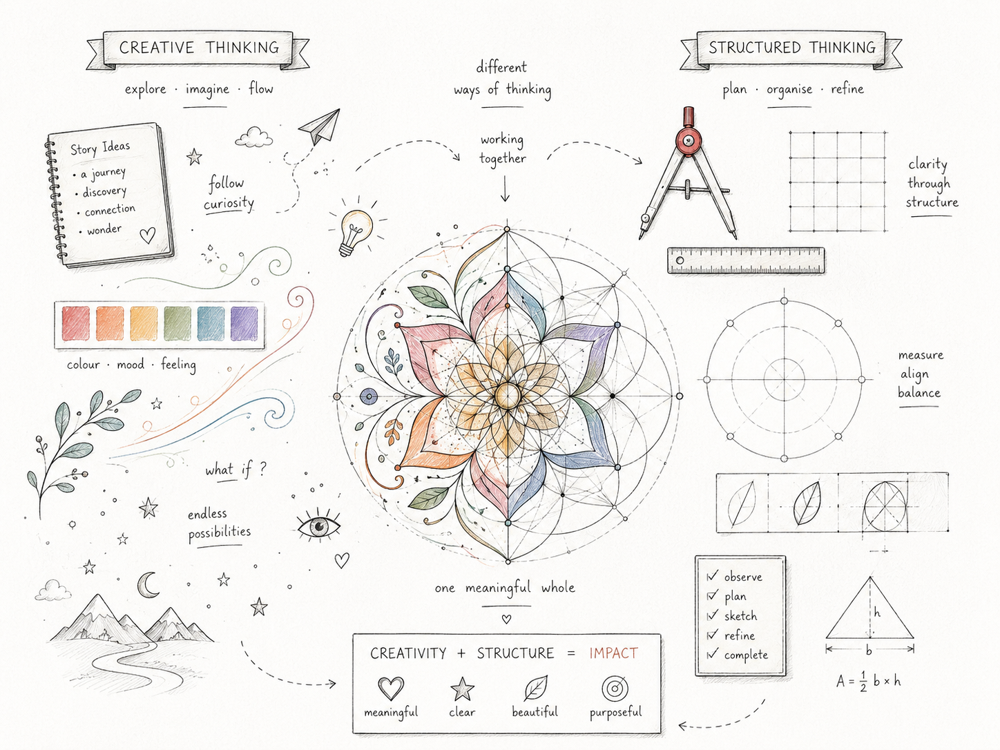 A sketchbook-style illustration showing creative and structured thinking working together