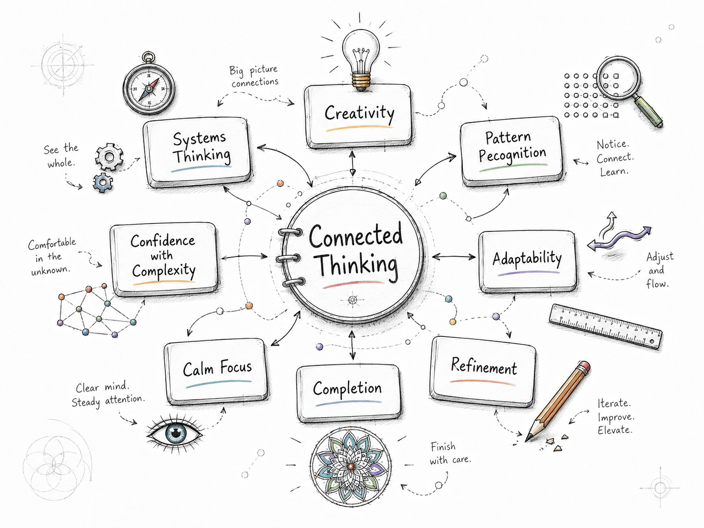 A sketchbook-style mind map showing connected thinking, creativity, pattern recognition, adaptability, judgement, refinement, and completion